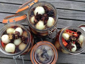 Pickled onions with star anise, mustard seeds and peppercorns